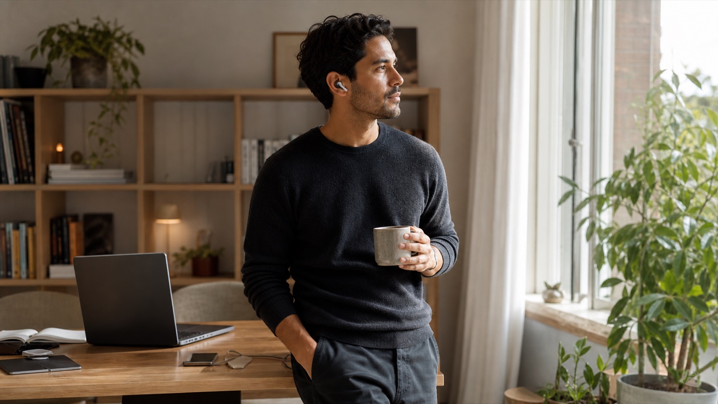 Professional listening to work after stepping away from a laptop